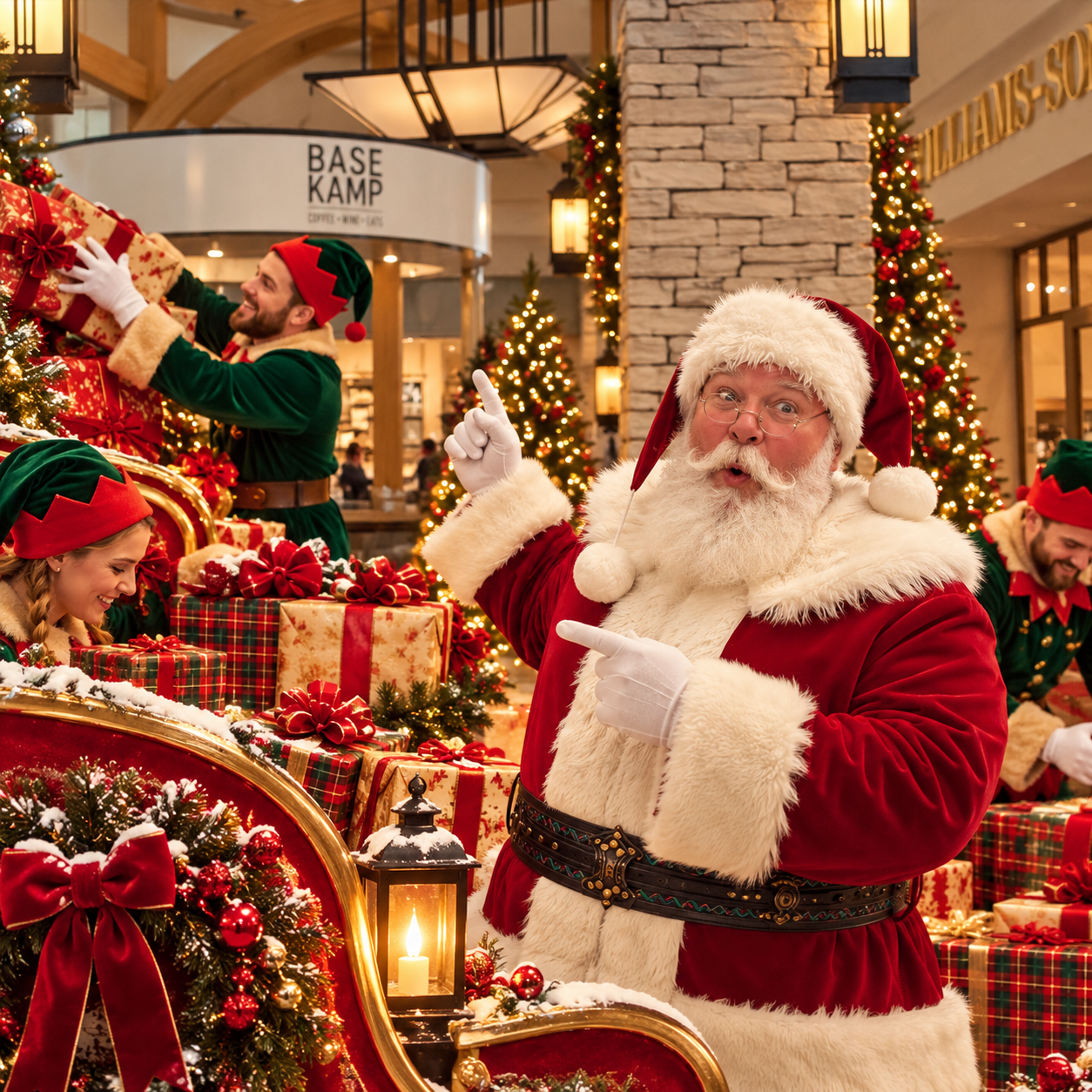 Santa pointing with delight beside his gift-laden sleigh while elves load presents outside Base Kamp