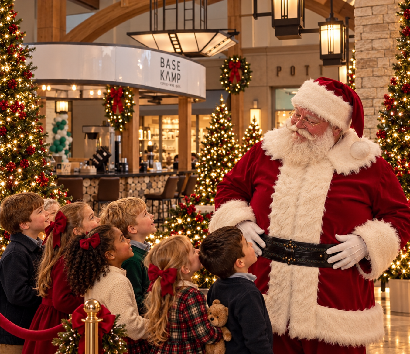 Santa greeting a line of excited children in a festively decorated shopping concourse